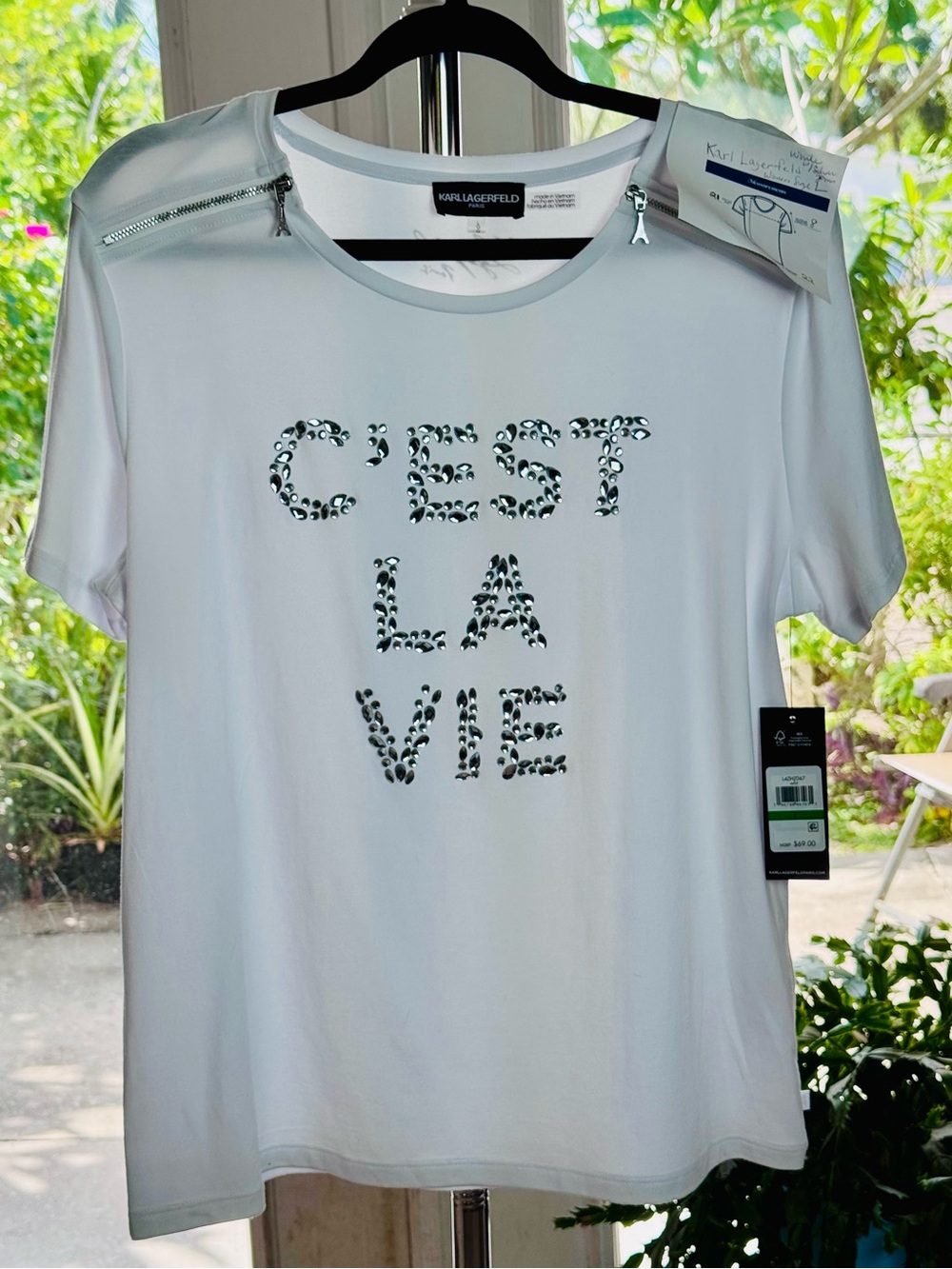 KARL LAGERFELD PARIS Women's Embellished Graphic T-Shirt White Size L MSRP $69